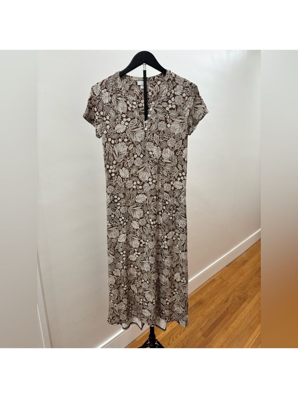 711. J. Jill Brown and Cream Floral Short-Sleeve Maxi Dress